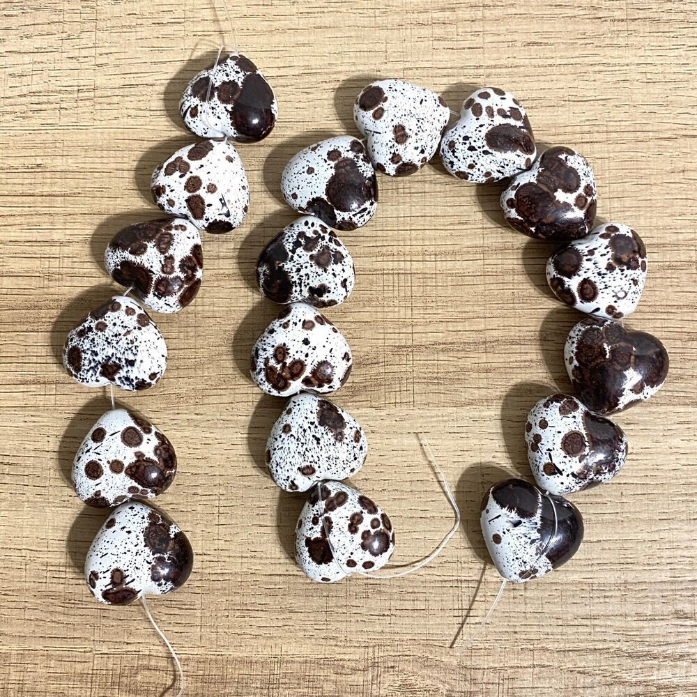 Dalmatian Spotted Focal Beads Puffy Heart Hollow Core Paint Splash Brown White